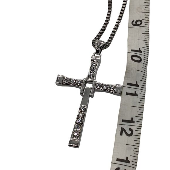 Men’s Rhinestone Cross Pendant Necklace Silver Box Chain - Picture 16 of 16